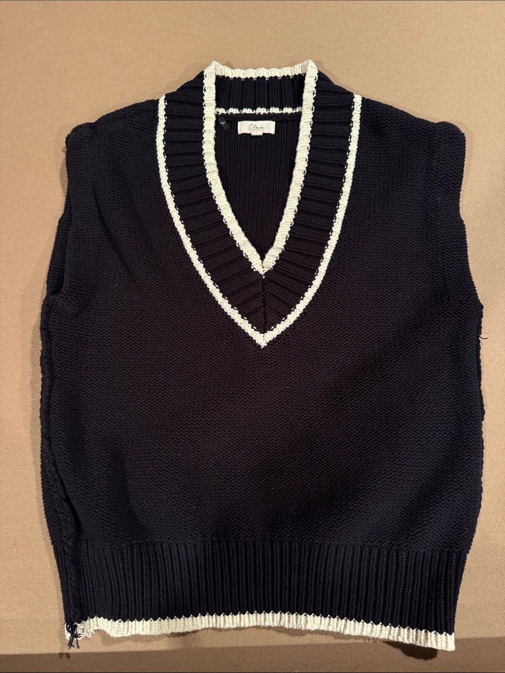 Elan Black Knit Oversized V-Neck Sweater Vest with Cream Trim